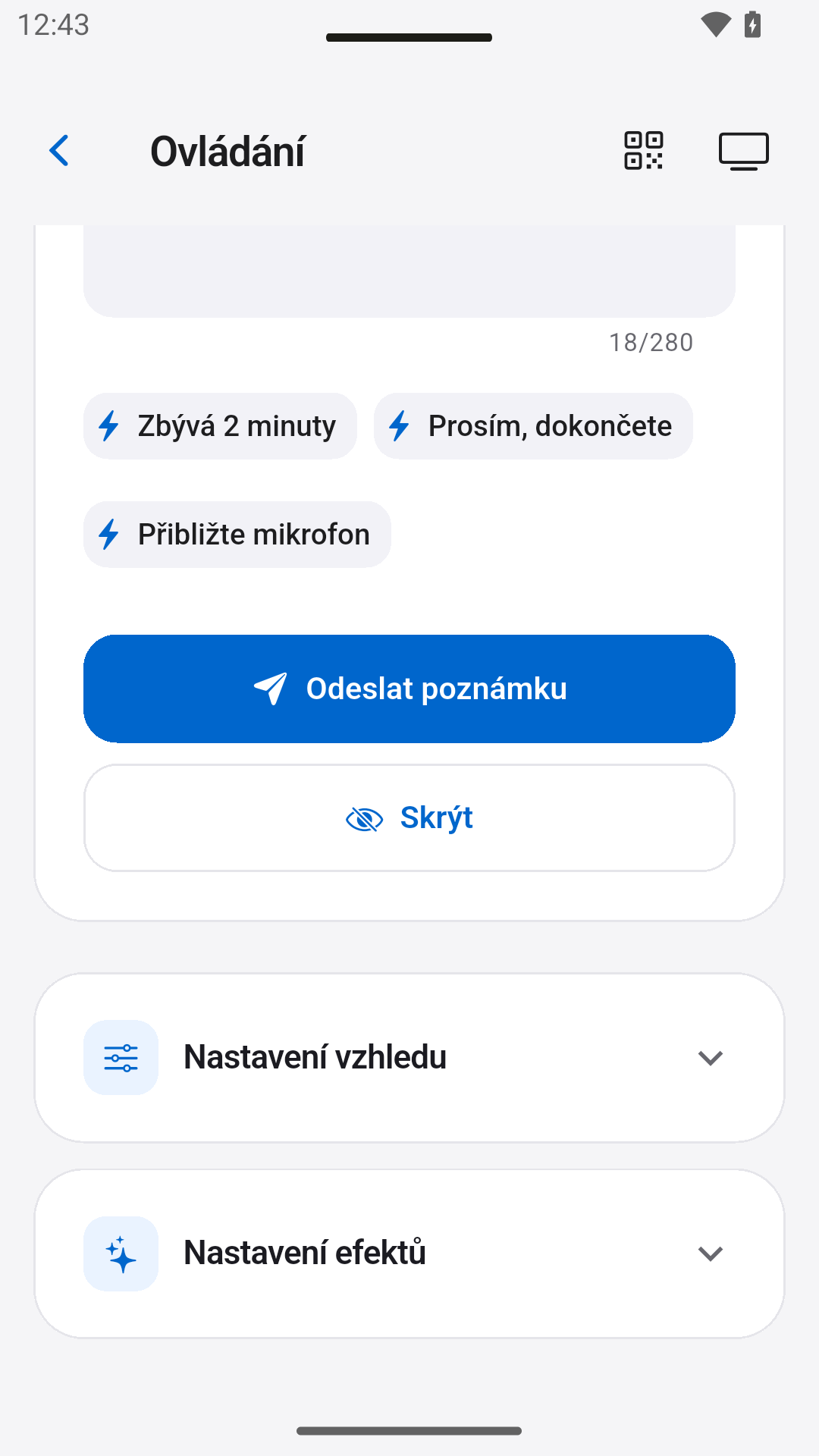 Odesílání poznámek prezentátorovi — StageScreen