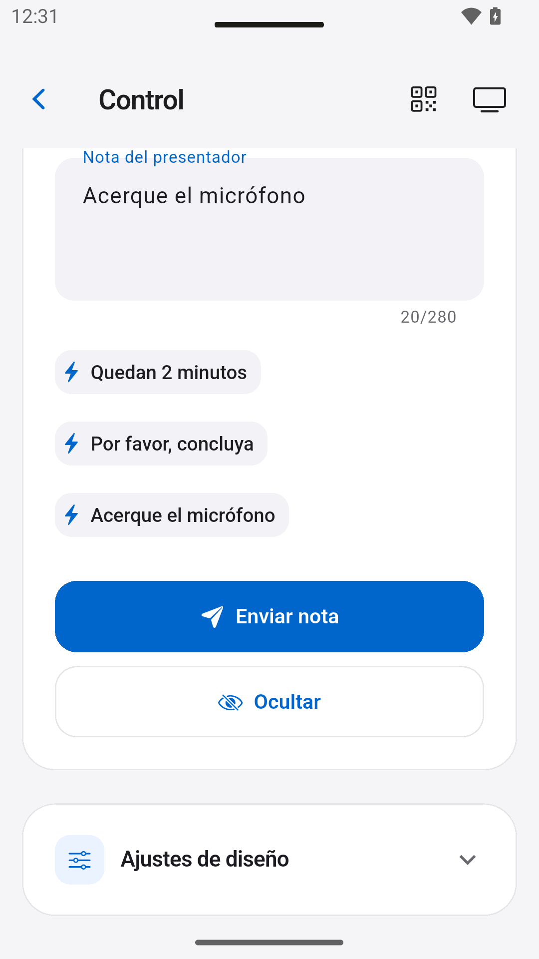 Enviar notas al presentador — StageScreen