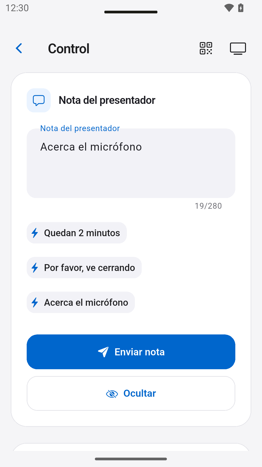 Enviar notas al ponente — StageScreen