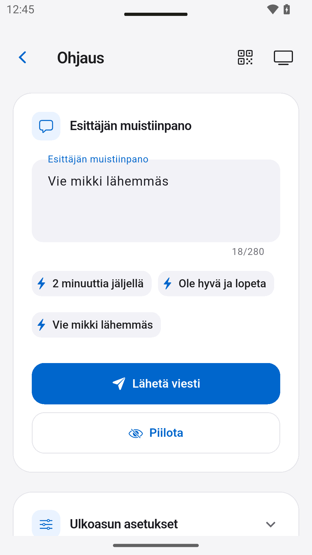 Lähetä puhujan muistiinpanoja — StageScreen