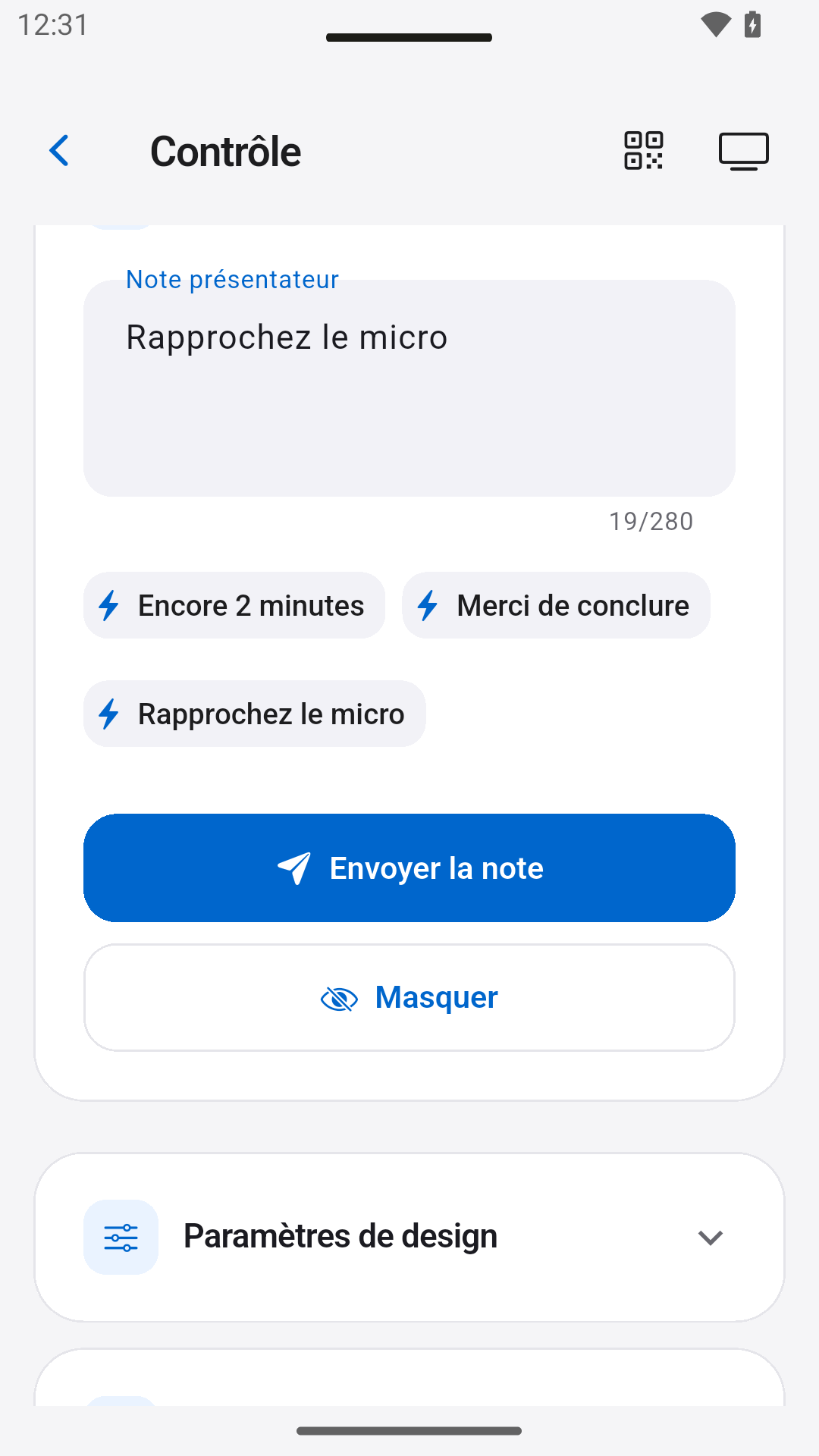 Envoyer des notes au présentateur — StageScreen