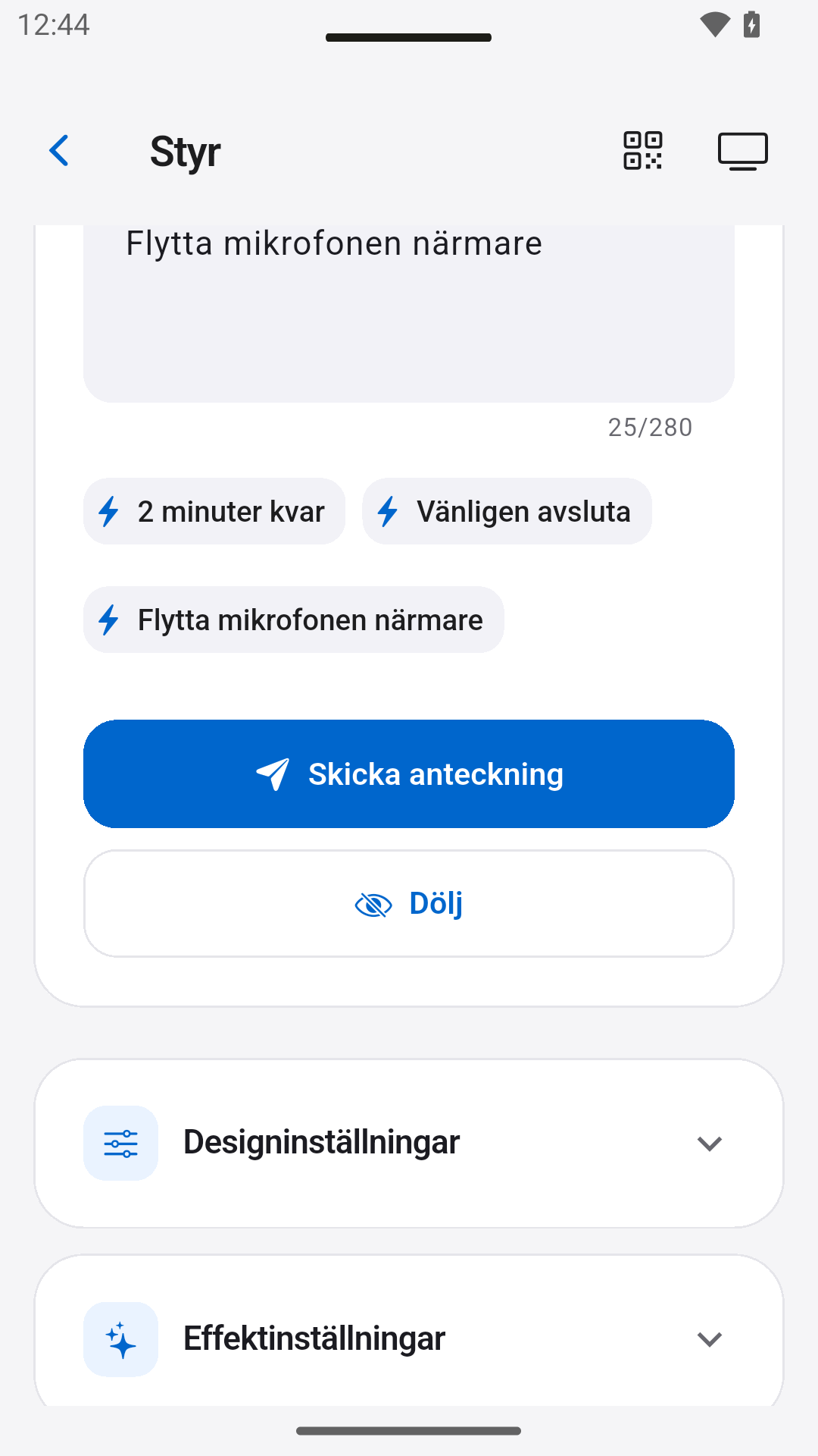 Skicka talarnoteringar — StageScreen