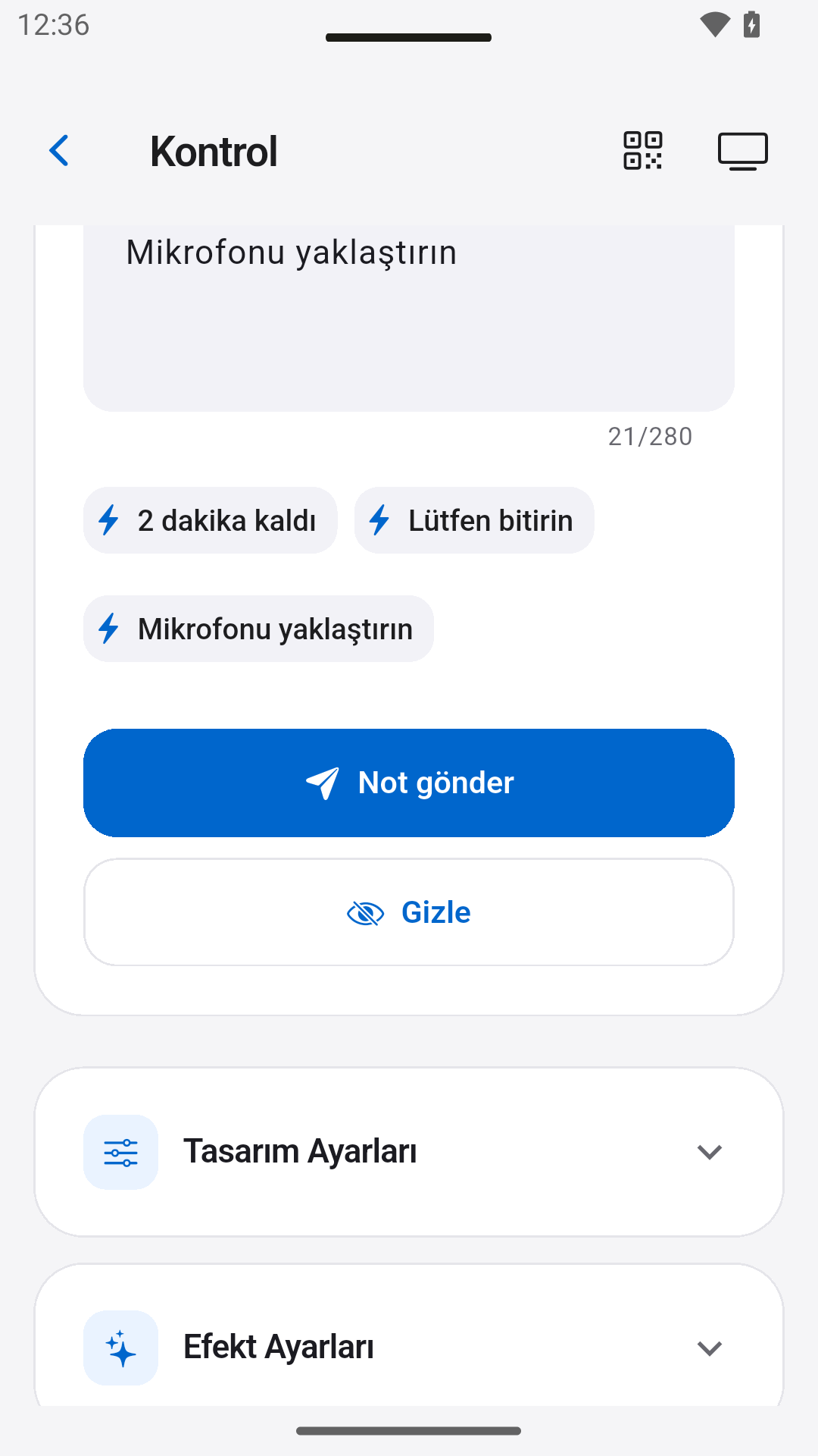 Sunucu notu gönder — StageScreen